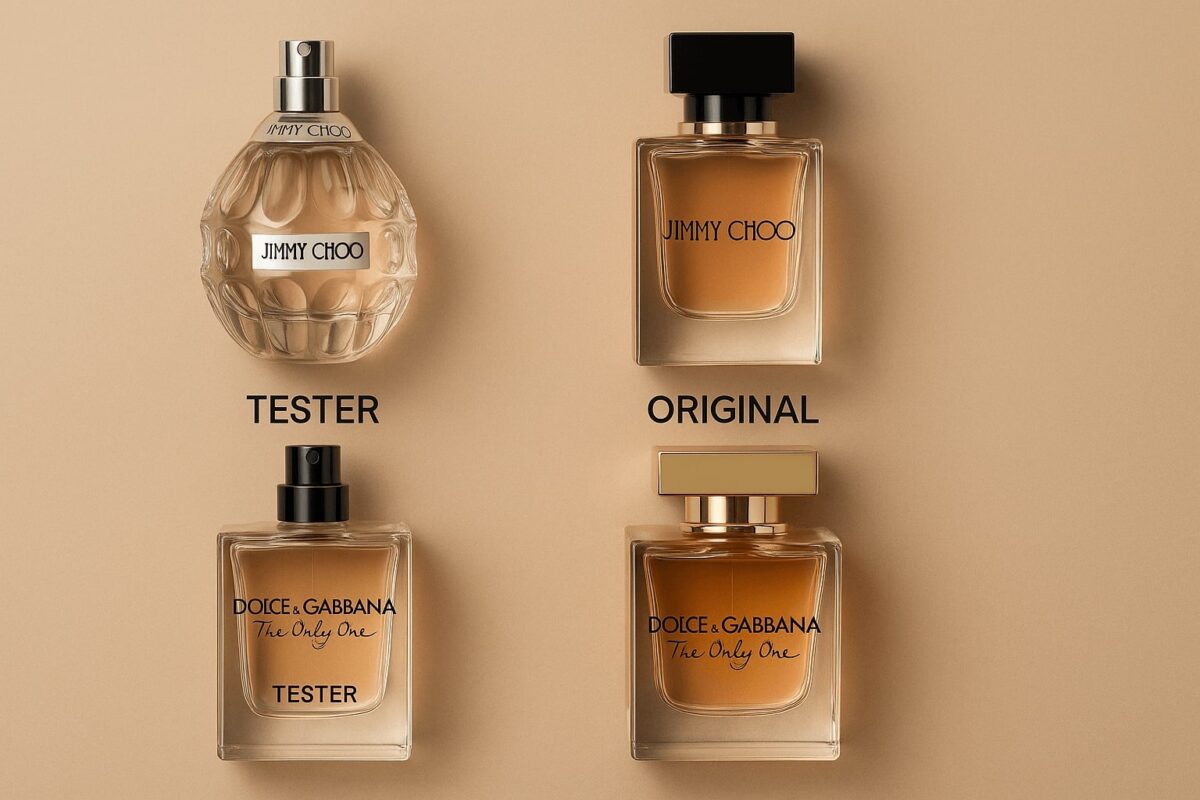 Uporedna fotografija tester parfema i originalnih parfema – Jimmy Choo i Dolce & Gabbana bočice prikazane na bež pozadini.
