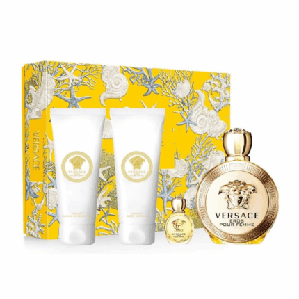 Versace Eros Ženski Set – luksuzni ženski poklon set sa parfemom, losionom i bočicom u zlatnim tonovima