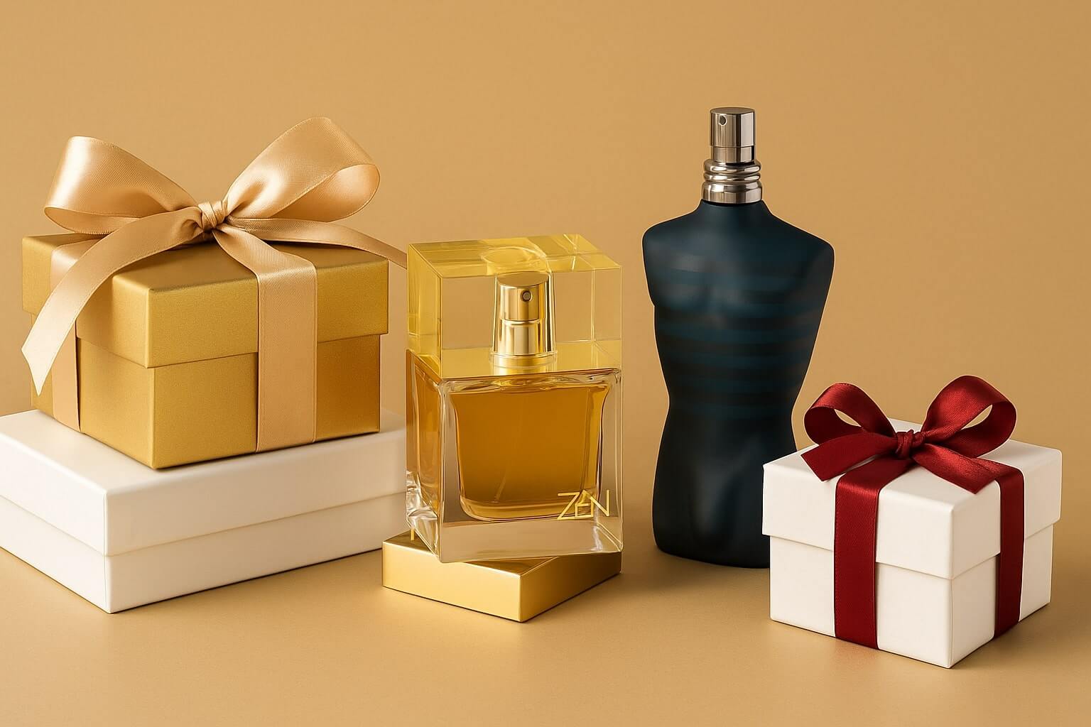Poklon parfem – elegantne muške i ženske bočice u luksuznim poklon kutijama sa zlatnim detaljima.