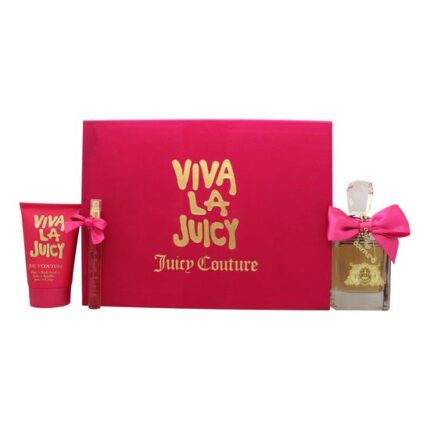 Juicy Couture Viva La Juicy Set sadrži EDP 100 ml, mini parfem 10 ml i losion za telo 125 ml – sladak, ženstven i glamurozan miris.